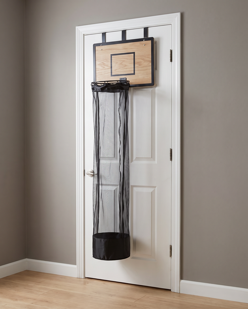 Full-length view of the Hoop Laundry Hamper from the door hooks down to the solid black base