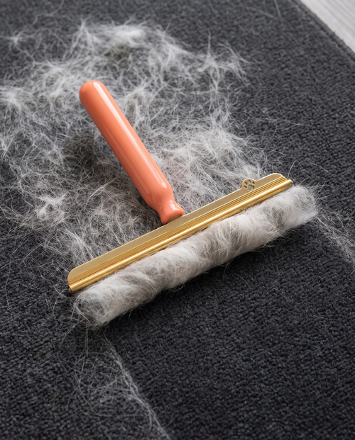Pet Hair Removal Rake on a charcoal rug, with a clean stripe where pet hair has been raked away