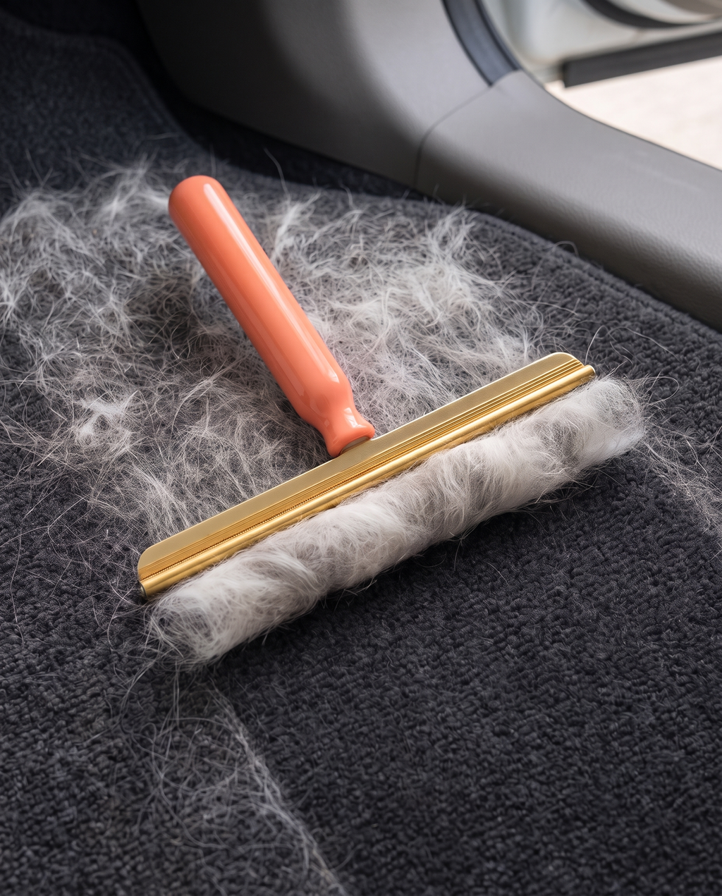 Pet Hair Removal Rake lifting dog hair from a car floor mat