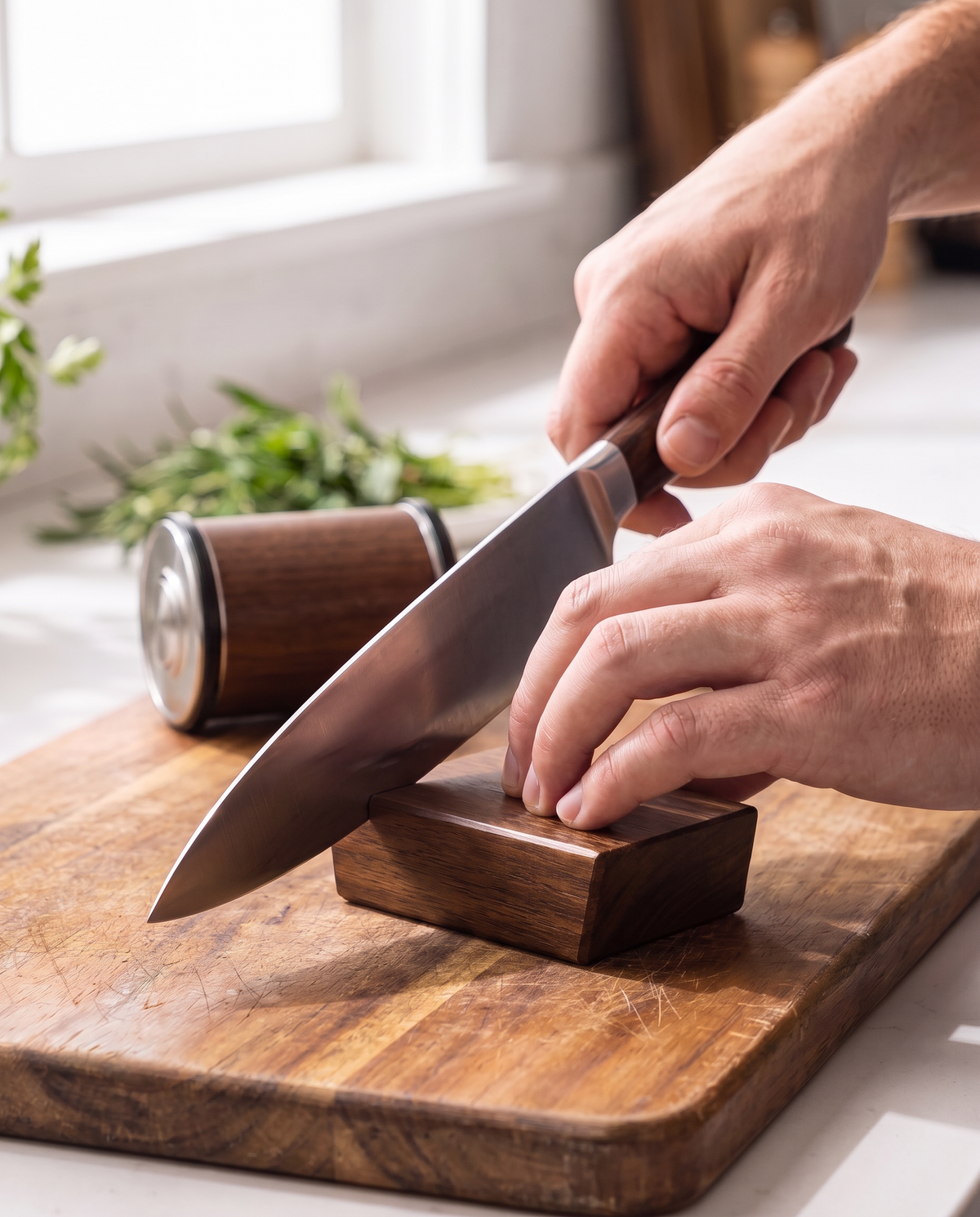 Sharpening a kitchen knife with the rolling sharpener and magnetic angle block