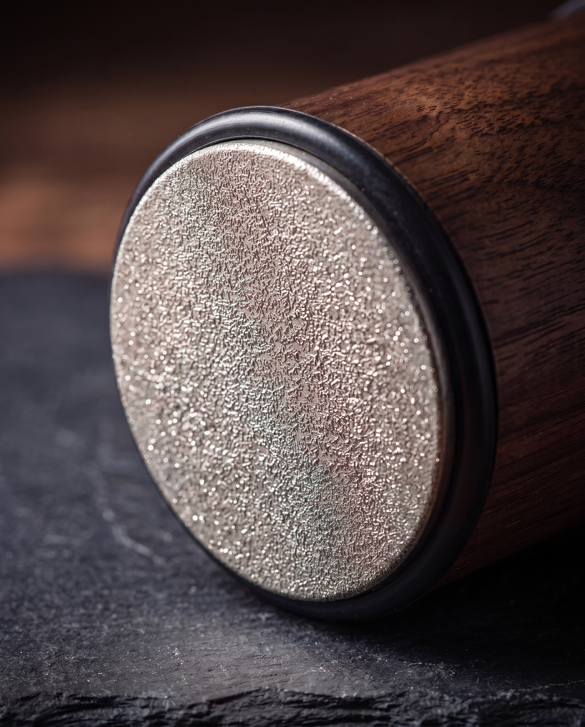 Macro close-up of the rolling knife sharpener against the blade