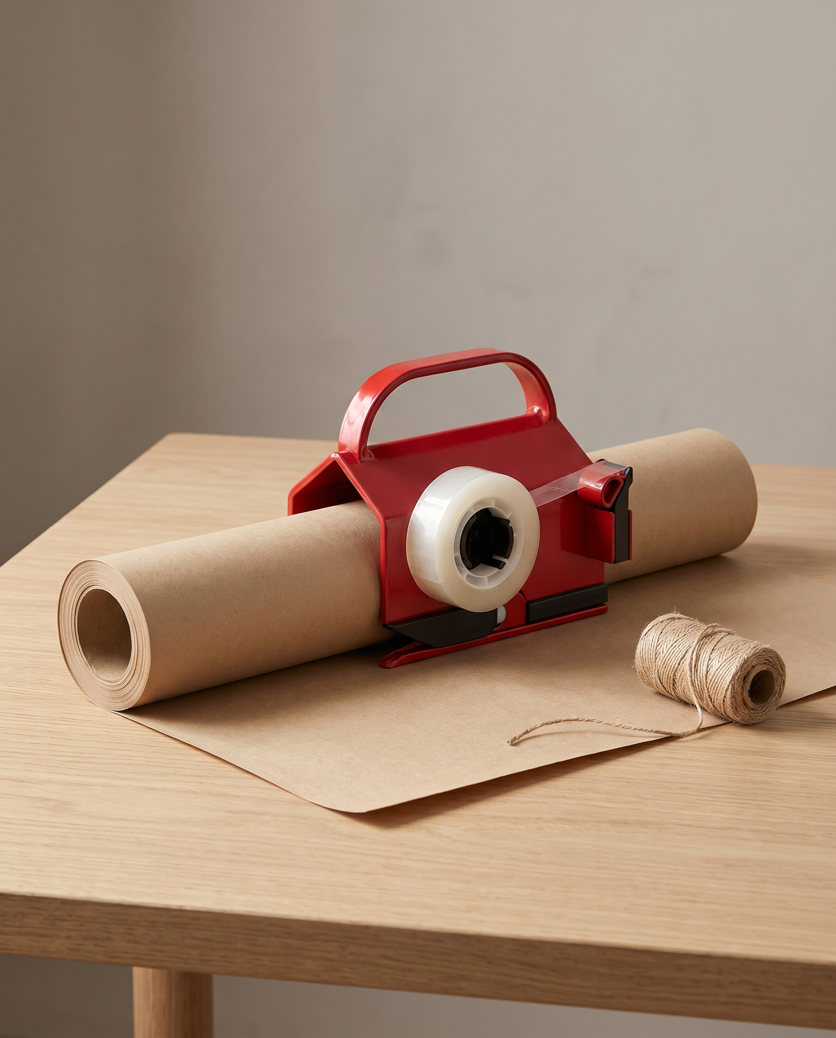 Sliding Wrapping Paper Cutter on a roll of kraft paper with a clean straight cut