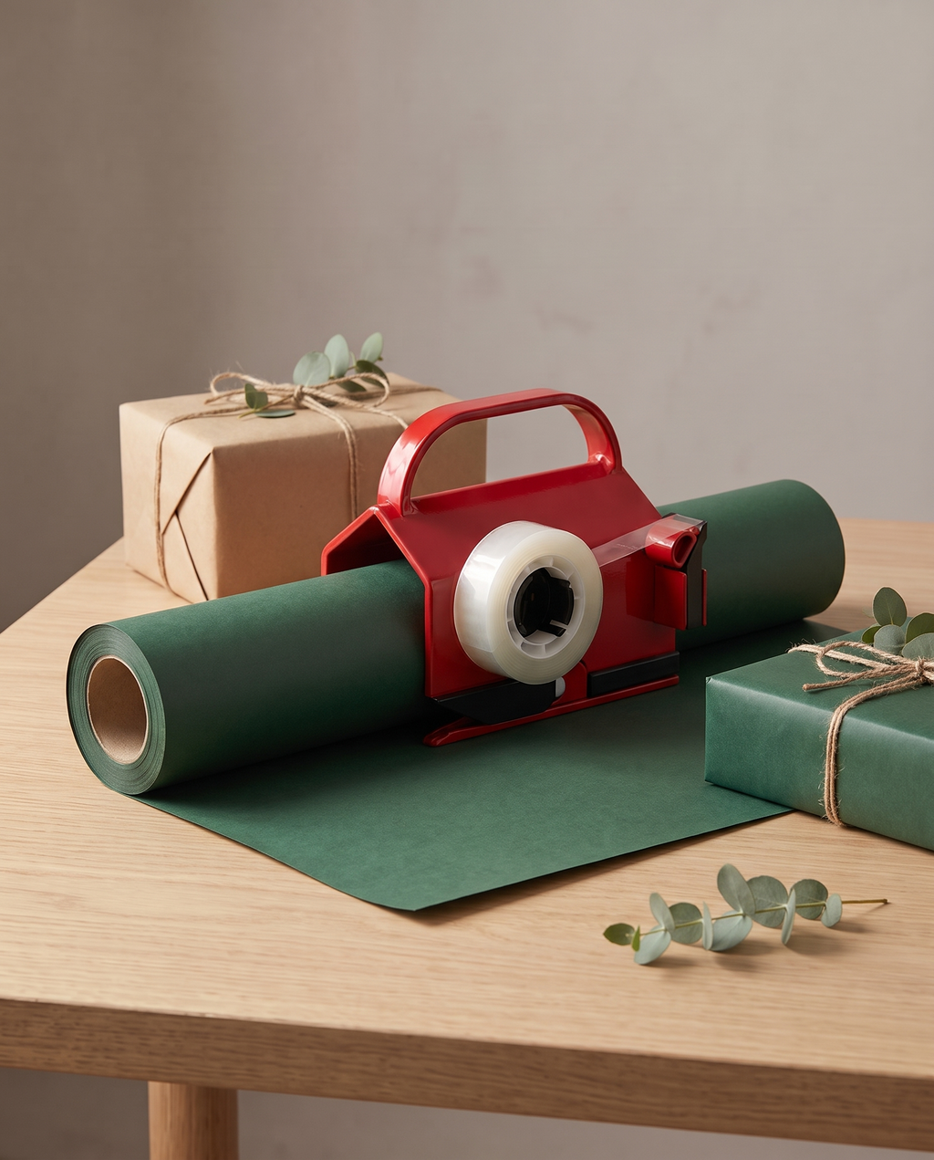 Wrapping paper cutter on green paper beside wrapped Christmas gifts