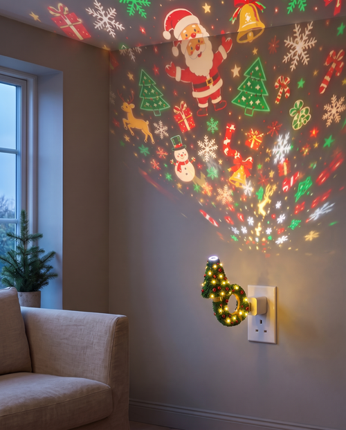 Christmas Light Projector plugged into a USB wall adaptor, casting festive light across a living room wall and ceiling