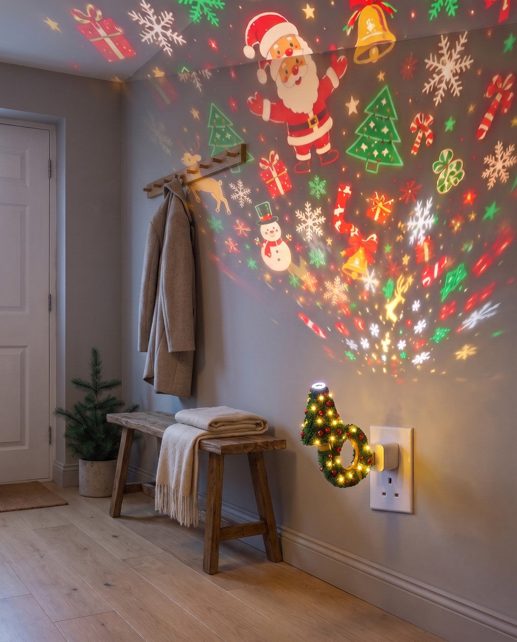 Christmas Light Projector lighting up a hallway wall and ceiling