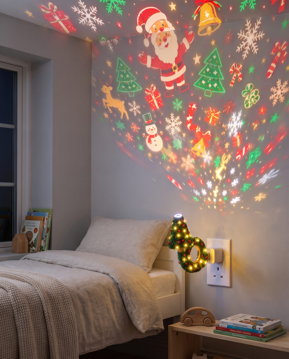 Christmas light pattern glowing over a child's bed at night