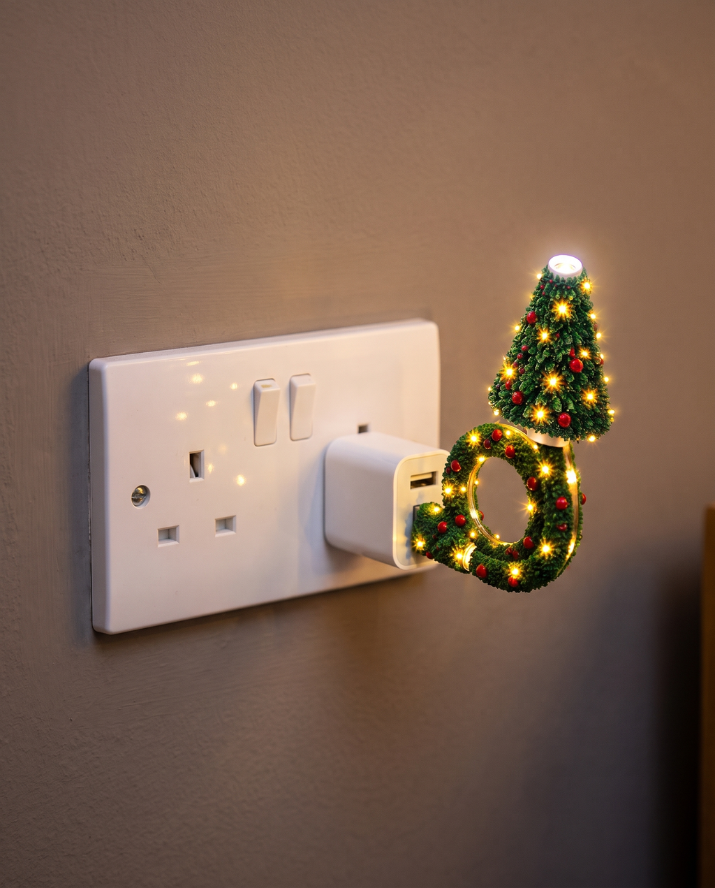 Close-up of the projector plugged into a USB adaptor in a UK wall socket
