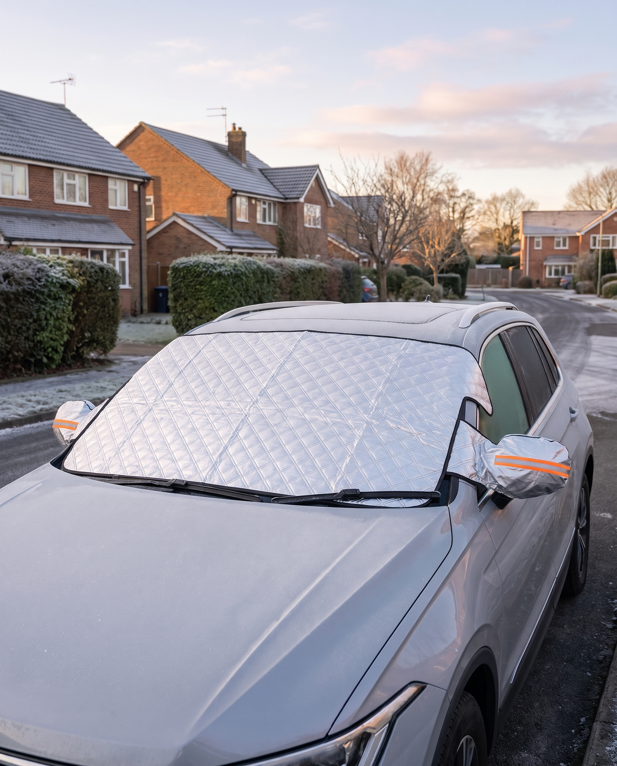 Magnetic Windscreen Frost Cover fitted on a frosty car at sunrise