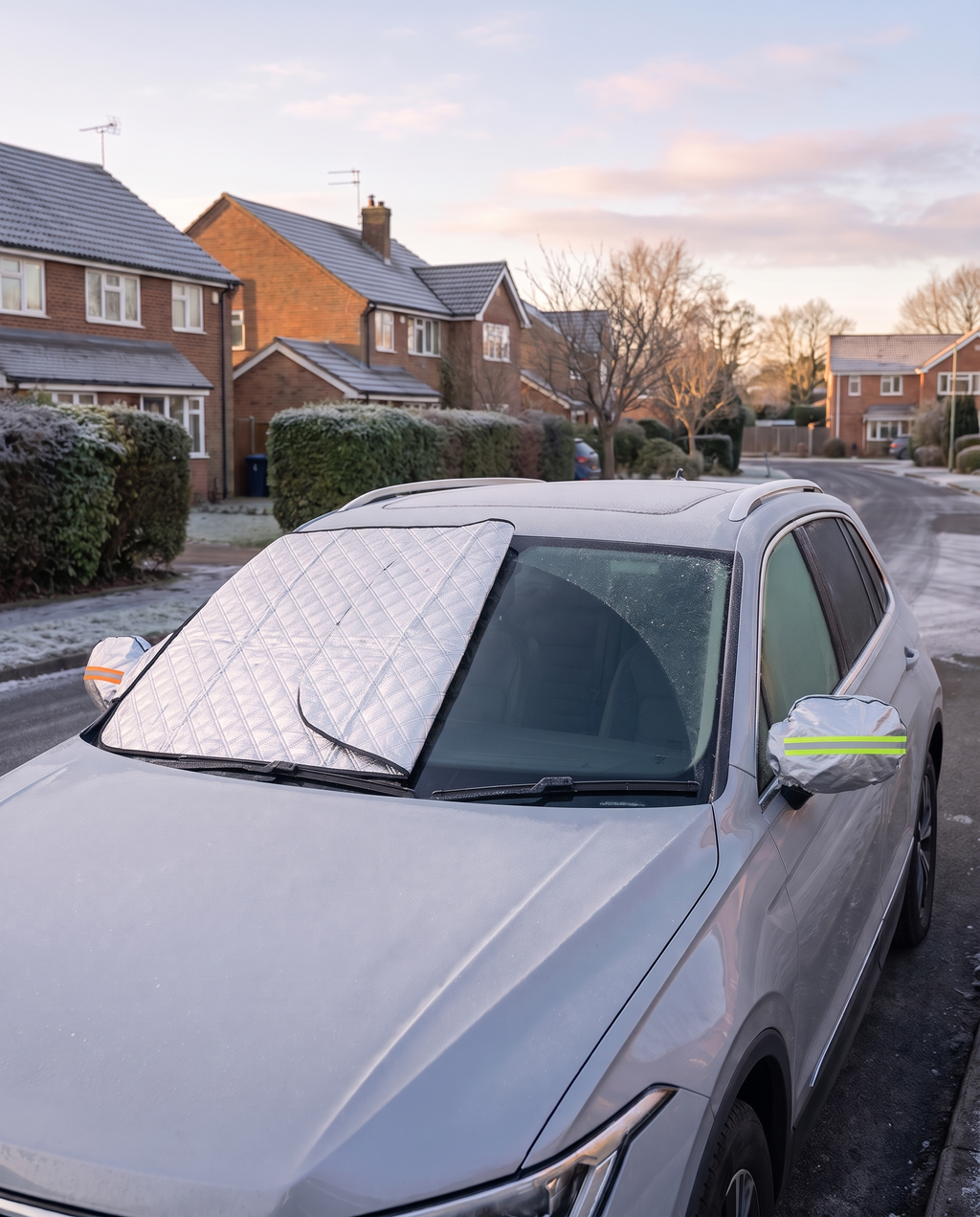 Frost cover folded back to reveal a clear, frost-free windscreen