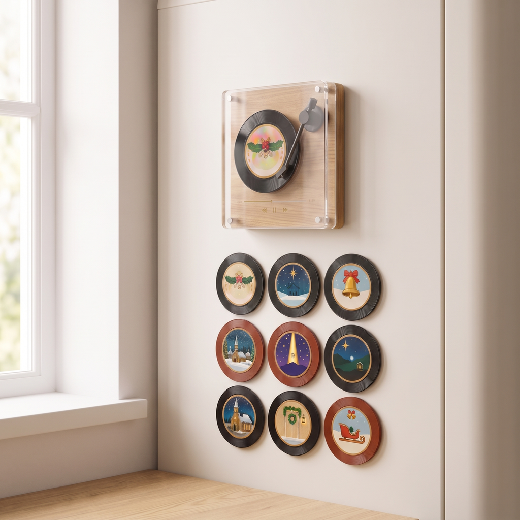 Vinyl Record Fridge Magnet Music Player and record magnets on a warm-white fridge door
