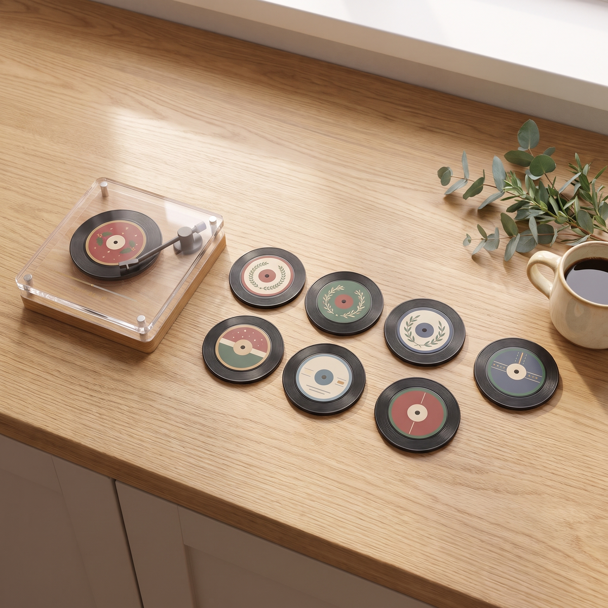 Full fridge magnet music player set laid out on an oak worktop