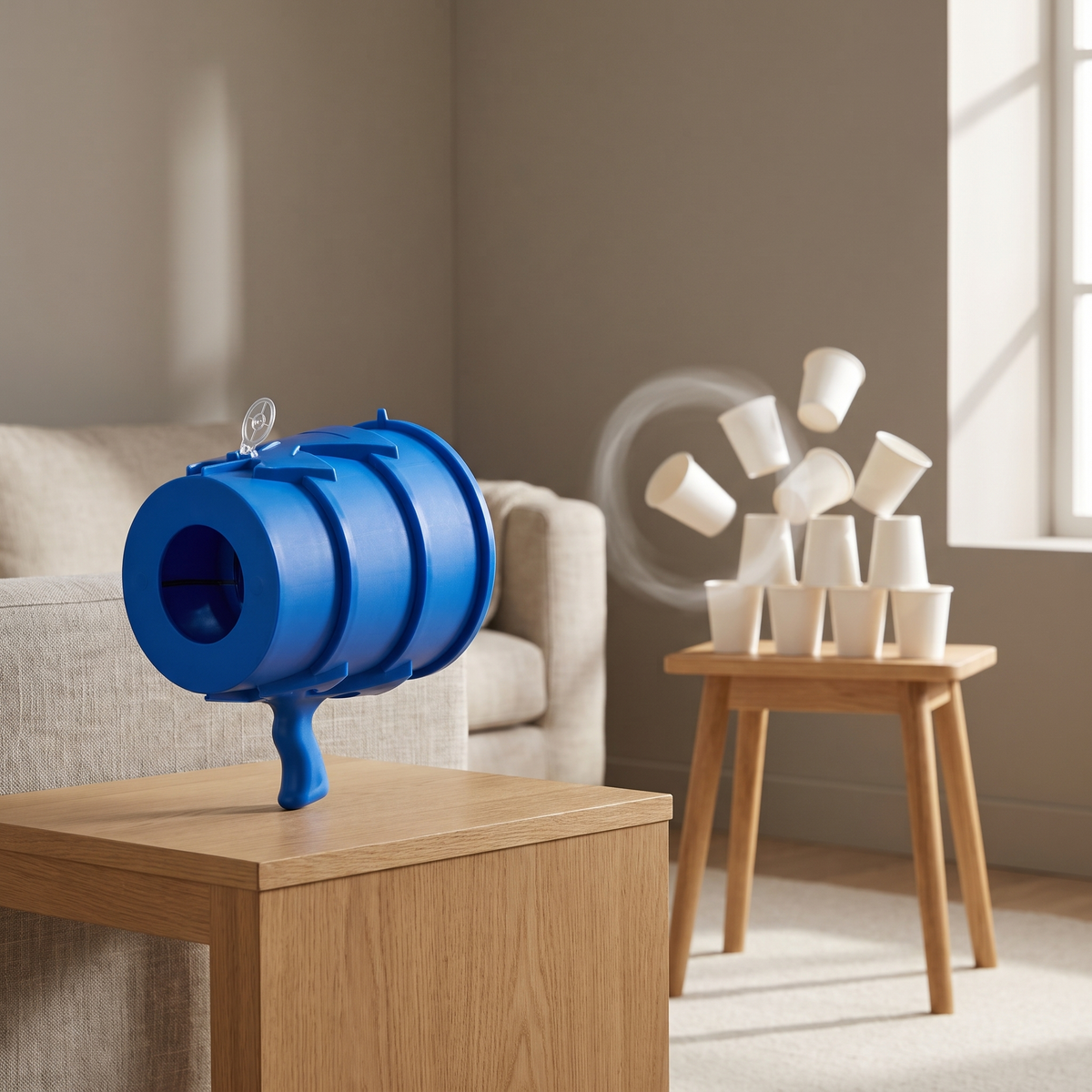Vortex Air Cannon knocking over a pyramid of paper cups in a living room