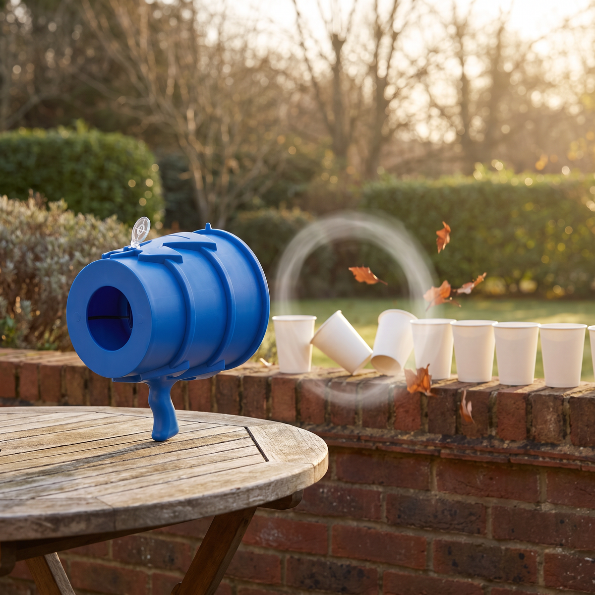 Vortex Air Cannon on a garden table knocking paper cups off a wall