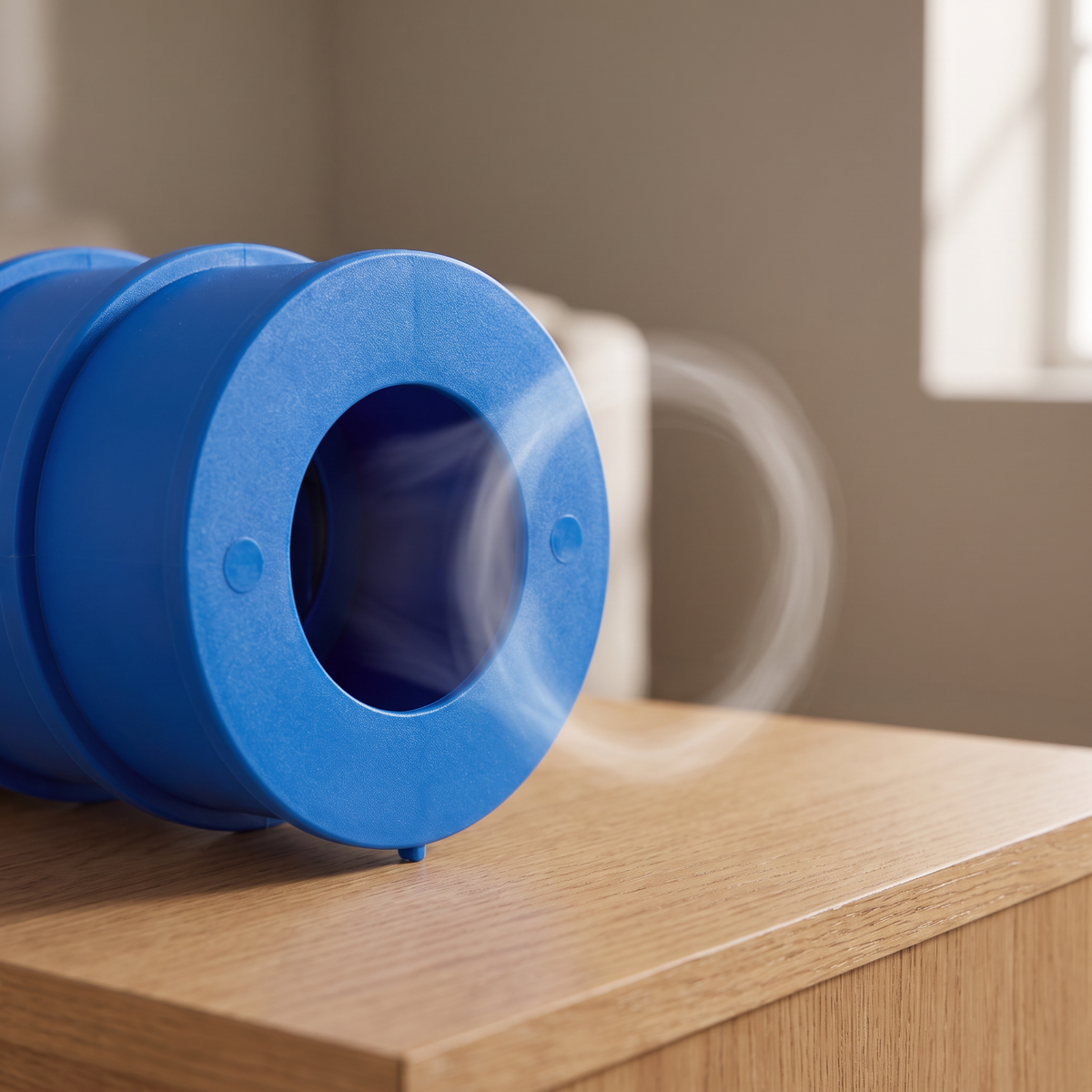 Close-up of the air cannon nozzle releasing a ring of air