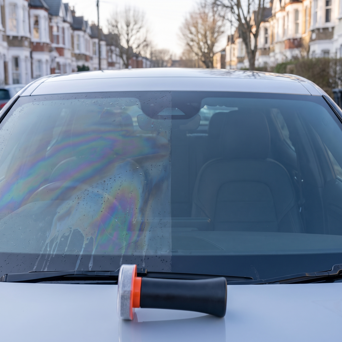 Before and after: windscreen half covered in oily film, half clear